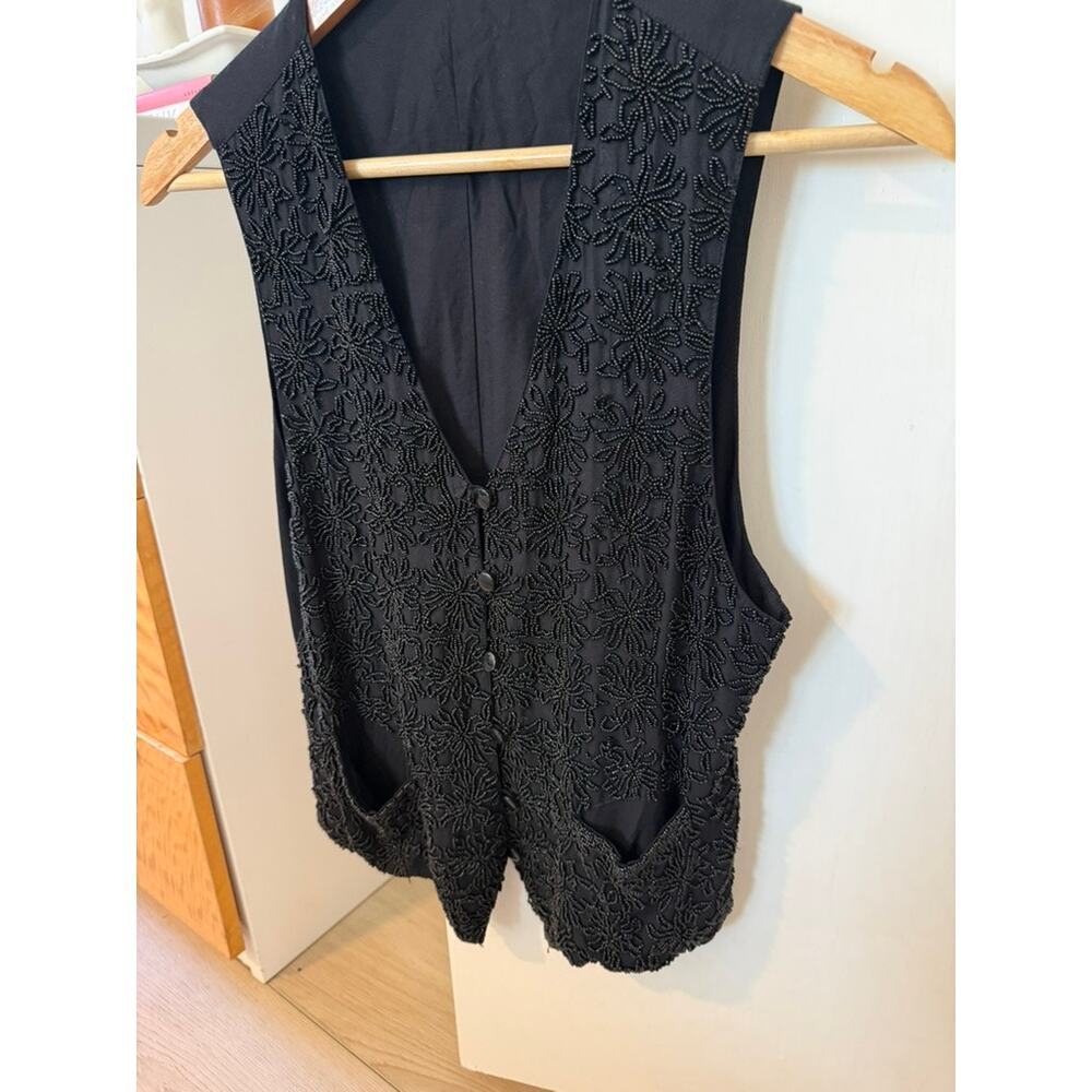 Vintage Black Beaded Floral Vest Sheer Button Front Tie Back Evening‎ Layer ✨